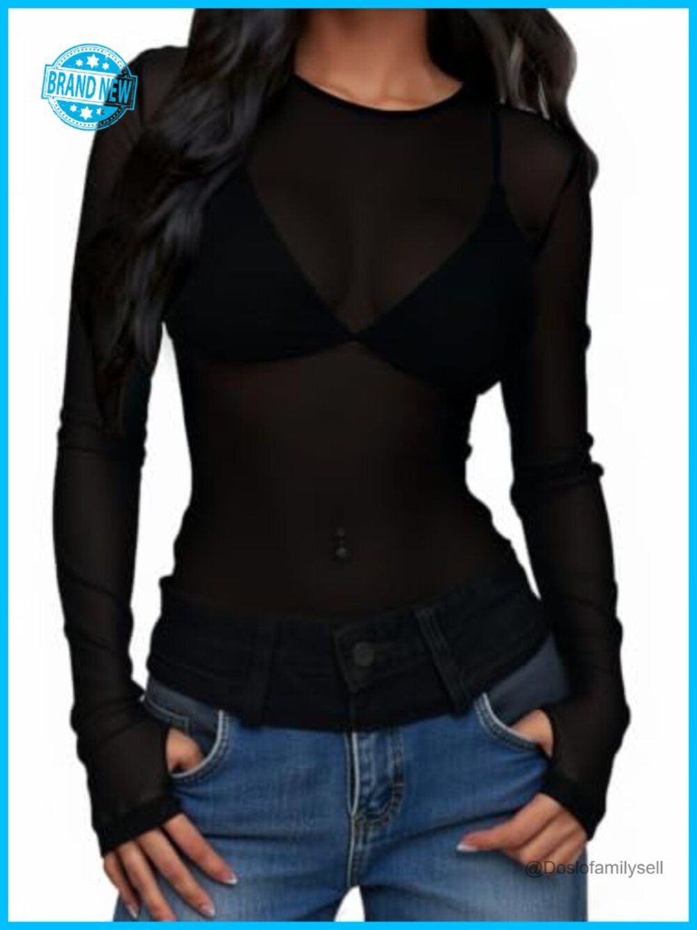 Women Sheer Mesh Long Sleeve Top Crewneck Thumb Hole Fitted Tee